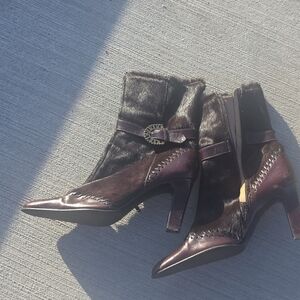 Vintage 90's Dark Brown Pony Hair Heeled Boots with Pointed Toe